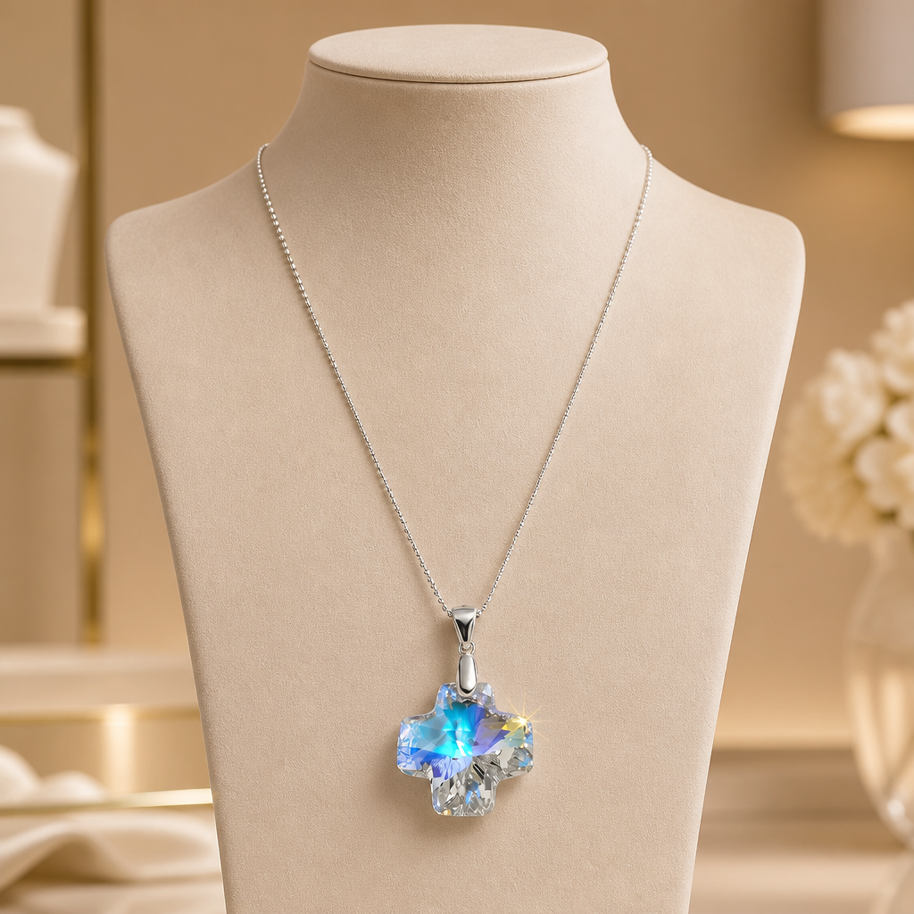 Cadena de bolitas de plata con cruz de cristal Swarovski