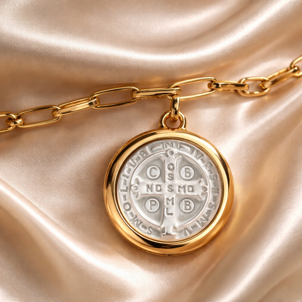 Pulsera con Medalla de San Benito Blanca