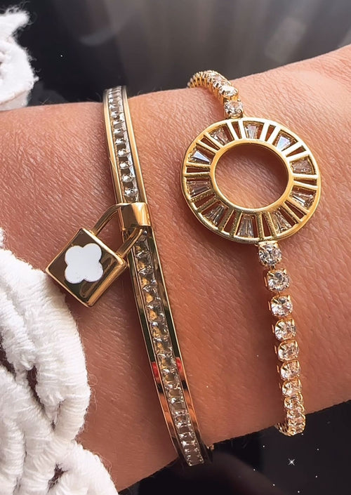 Brazalete de Acero con cristales y Trébol Blanco