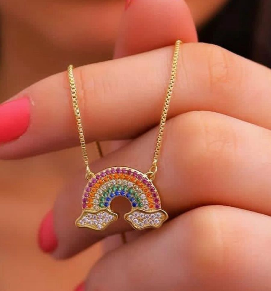 Cadena de Acero bañada en Oro 18 con Arcoiris de circonias de colores