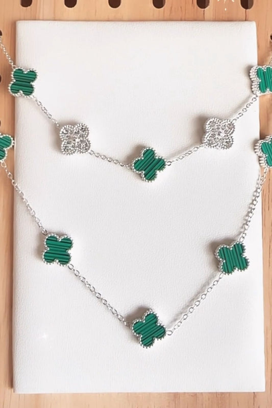 Conjunto Trebol de con Malaquita y Cristales de Acero Blanco