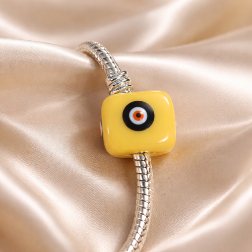 Pulsera de Acero Blanco y  Dije cuadrado de Resina con Ojo turco